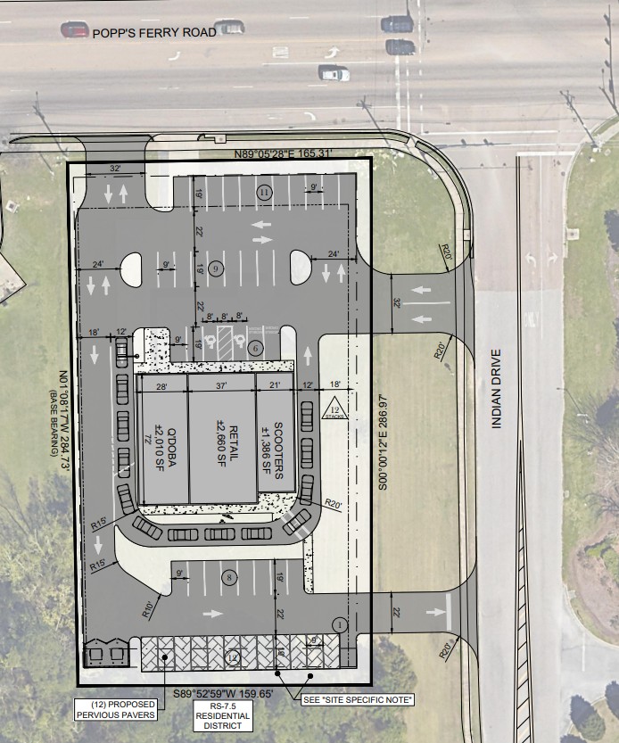 Site plan for the Popp's Ferry Road development showing a Qdoba pad, retail suites, a Scooters drive-thru and parking layout