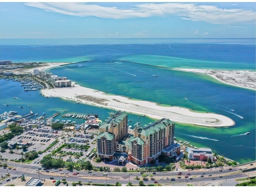 Aerial view of the Destin, Florida harbor and pass