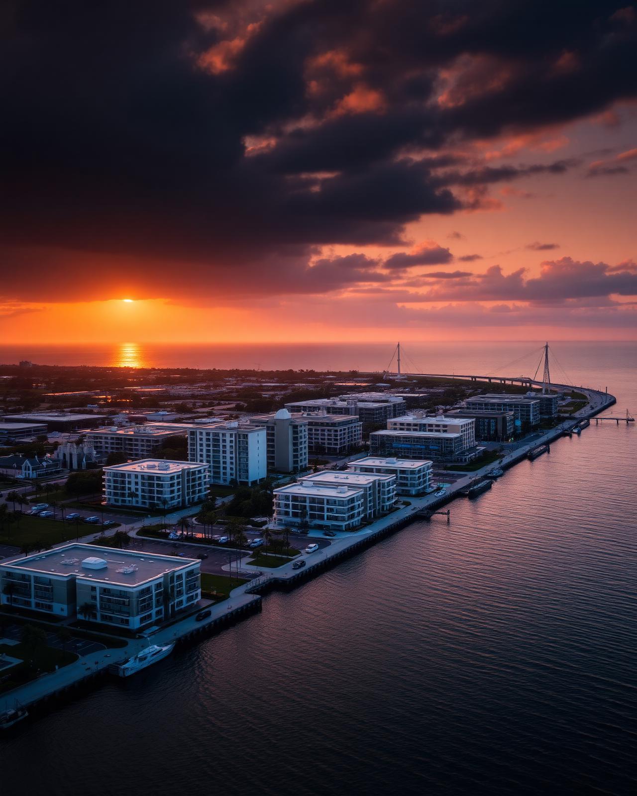 Aerial view of Gulf Coast waterfront development at sunset