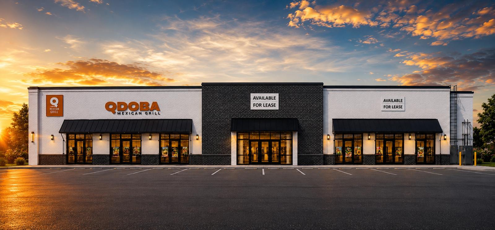 Newly built multi-tenant retail center at sunset with a Qdoba Mexican Grill anchor and two suites marked available for lease