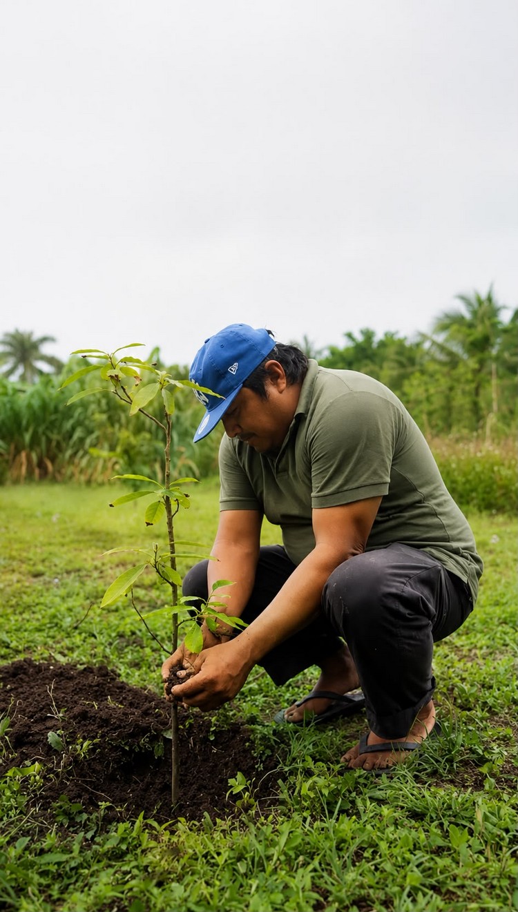 A man kneeling in a field, planting a young tree in freshly turned soil