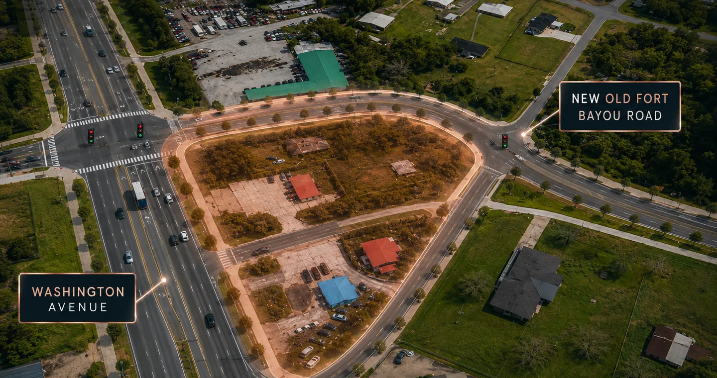 Aerial photo of Washington Avenue and Old Fort Bayou in Ocean Springs, Mississippi, Retail Land — commercial real estate opportunity