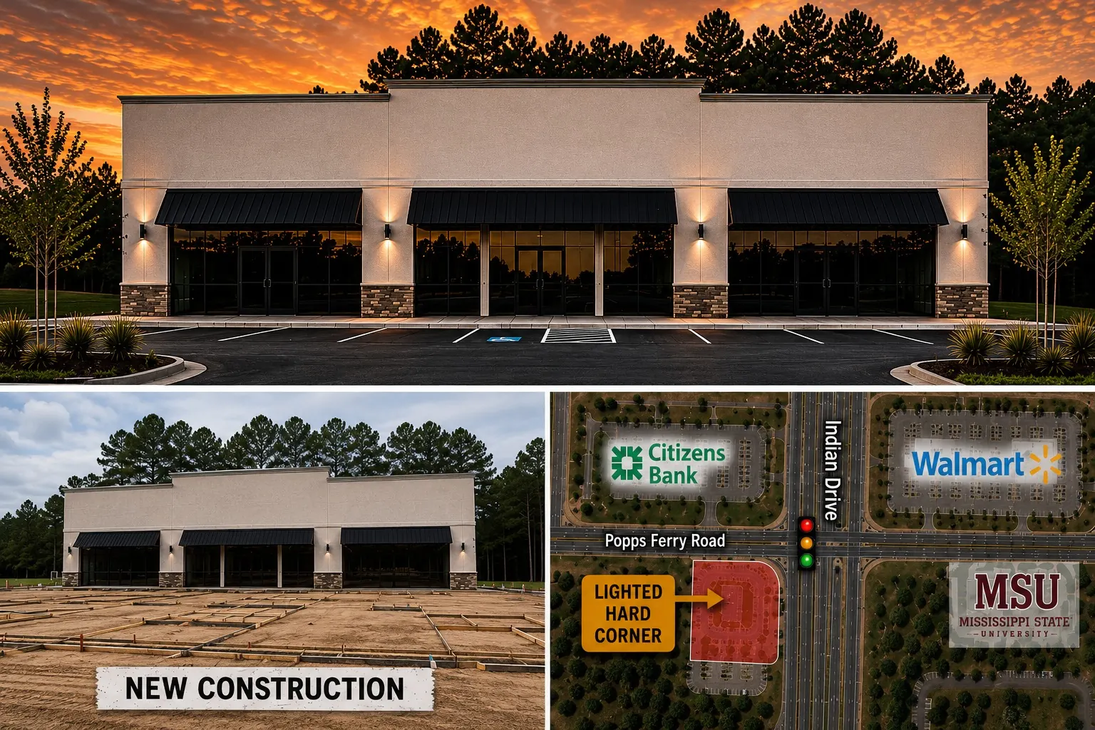 Popps Ferry Road new construction retail center on a lighted hard corner near Walmart, Citizens Bank and Mississippi State University